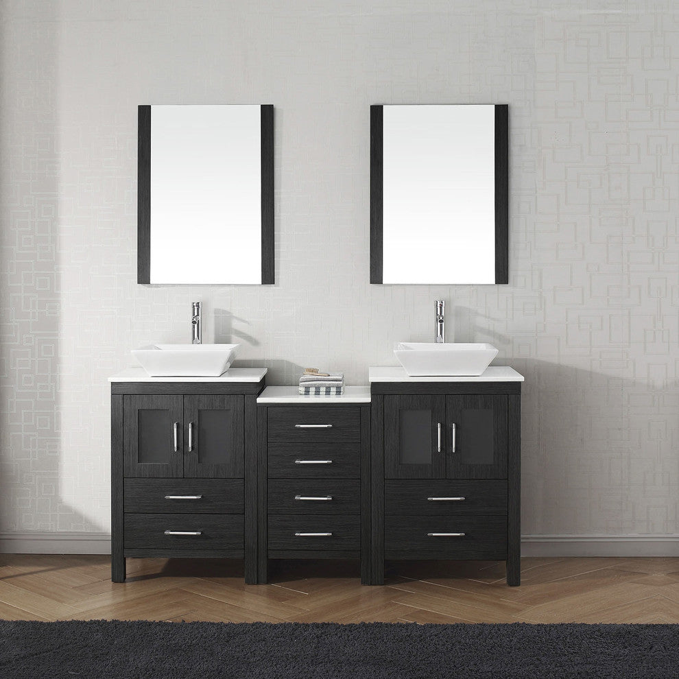 Virtu Dior 66" Double Bathroom Vanity, Zebra Gray With Faucet and Mirrors