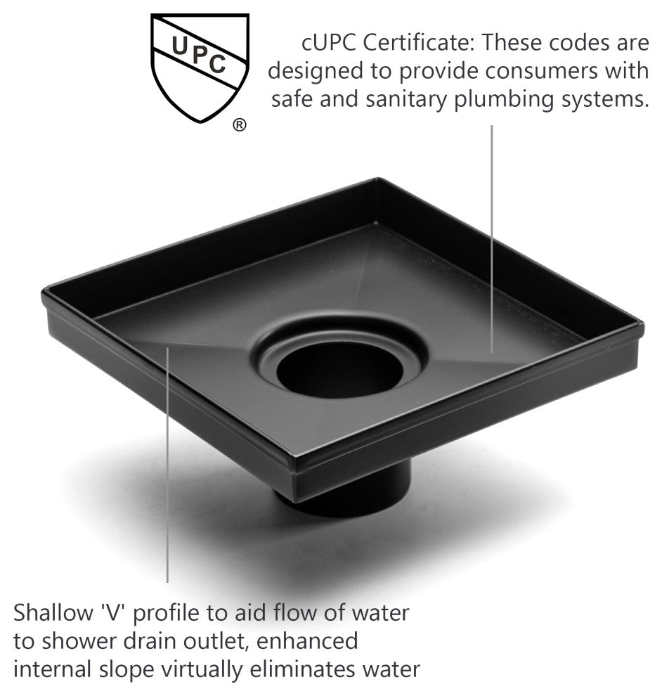 HEATGENE Square Shower Drain With Flat Cover With Base Flange, Matt Black, 4"