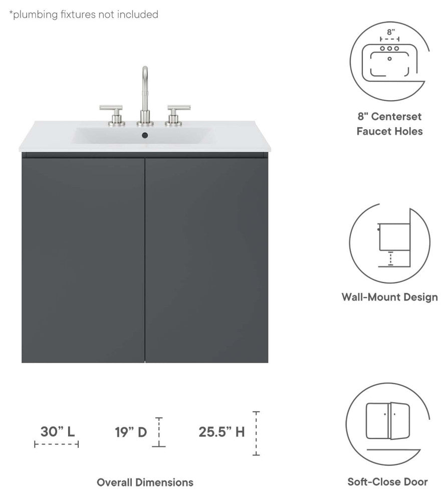 Bryn 30" Wall-Mount Bathroom Vanity, Gray White