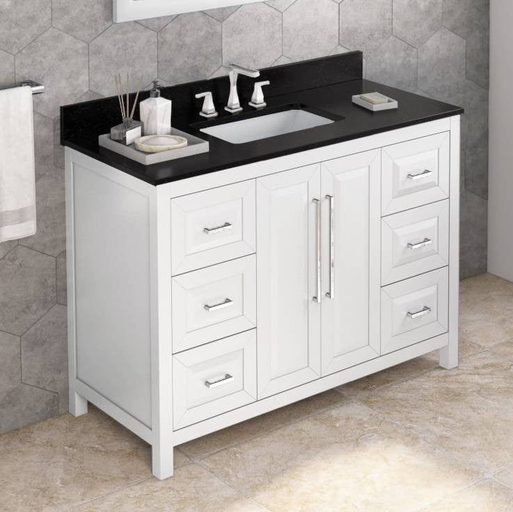 Cade Transitional 48" White Bathroom Vanity, Black Granite Vanity Top