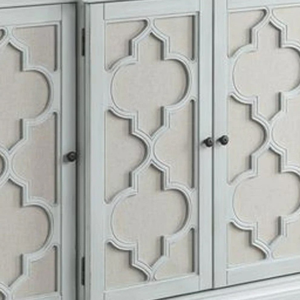 Benzara BM273236 4 Door Buffet Cabinet Console Table, Quatrefoil, Antique Blue