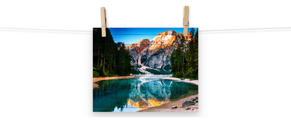 Faux Wood Misty Lake and Snow-cap Mountain Reflections Unframed Wall Art Prints, 8" X 10"
