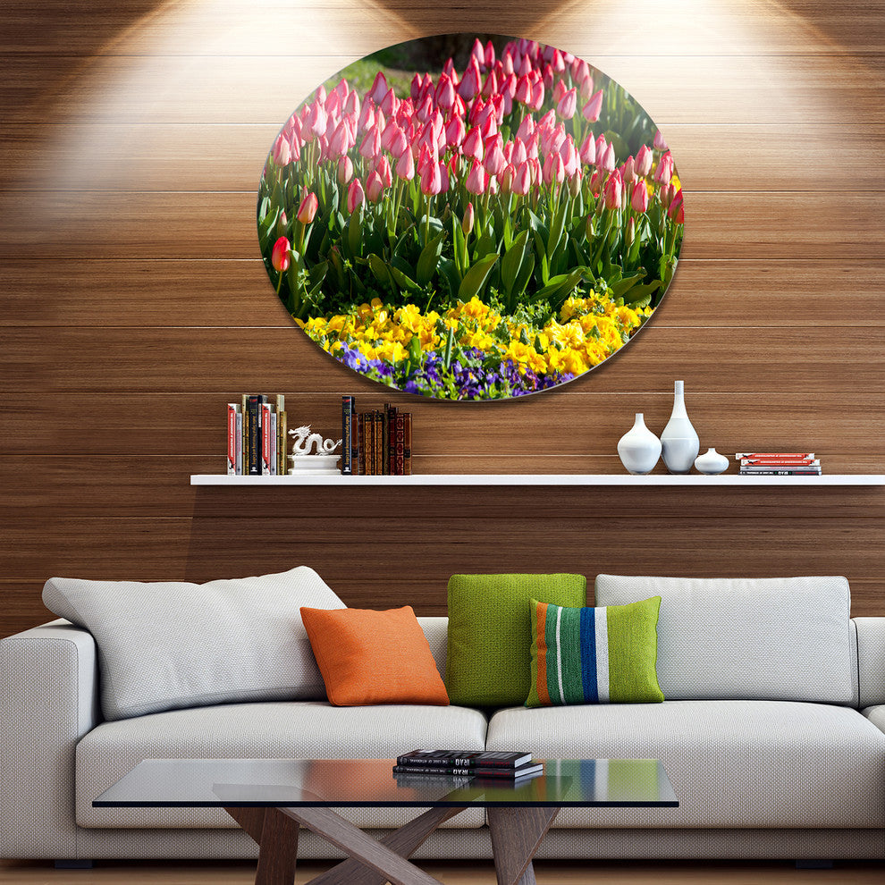 Tulip Garden With Yellow Flowers, Modern Flower Round Wall Art, 36"