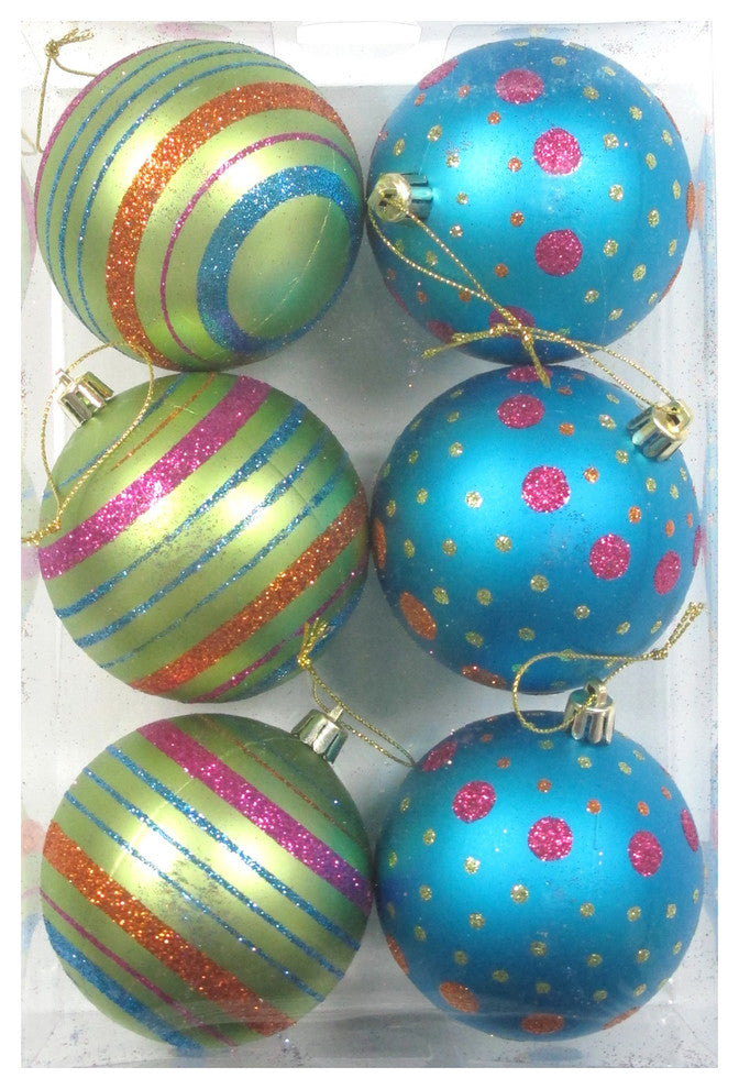 6-Pack White Ball Ornament With Mardi Gras Dot And Line Design