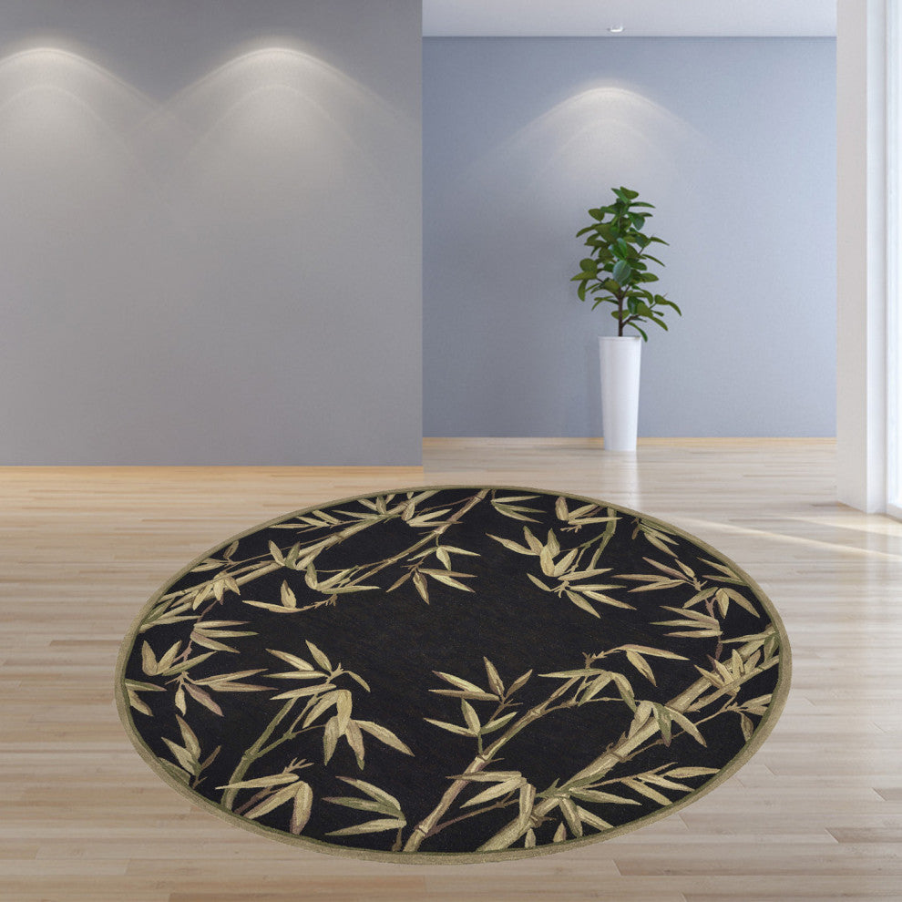 HomeRoots 8' Black Hand Tufted Bordered Tropical Bamboo Round Indoor Area Rug