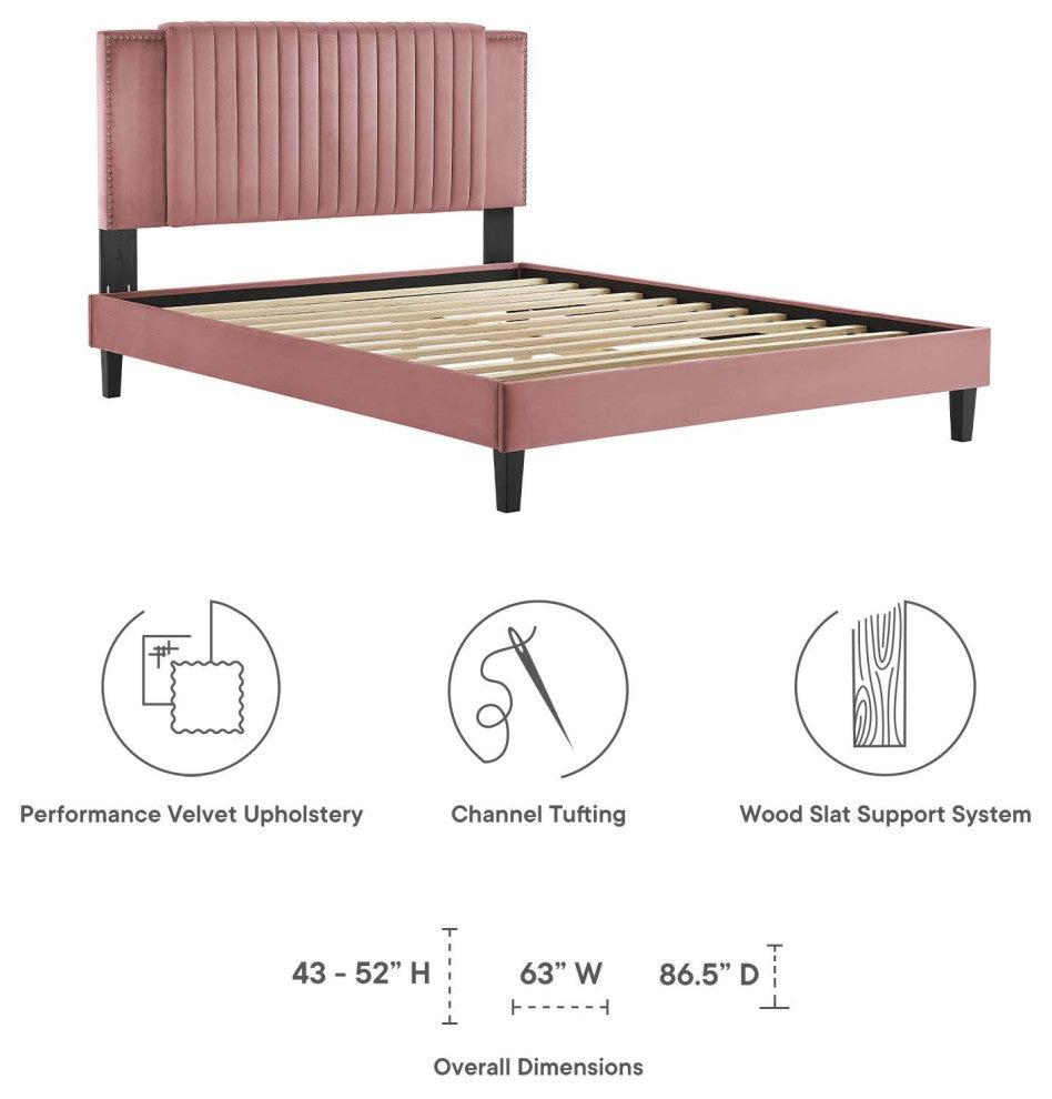 Zahra Channel Tufted Performance Velvet King Platform Bed, Dusty Rose