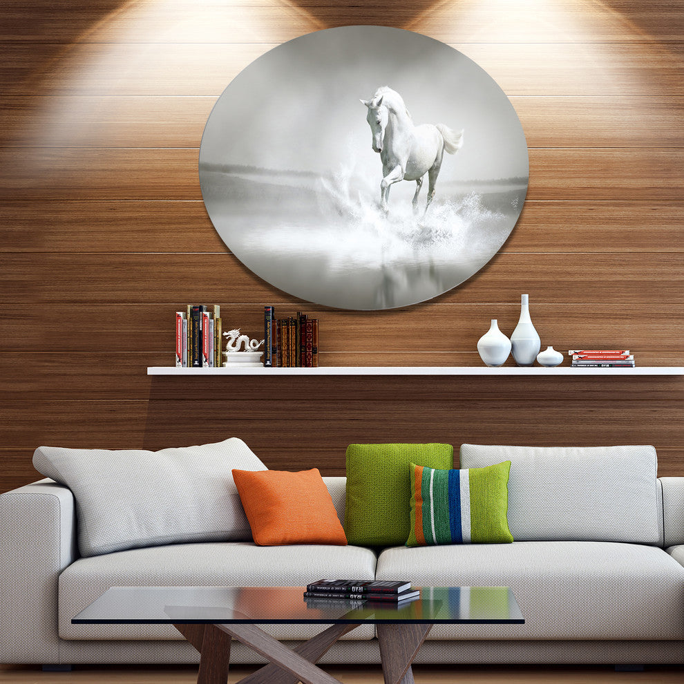 White Horse Running In Water, Animal Large Disc Metal Wall Art, 23"