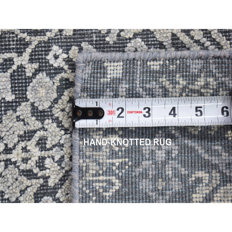Charcoal Gray Silk Textured Wool Tone on Tone Design Hand Knotted Rug, 2'1"x2'1"