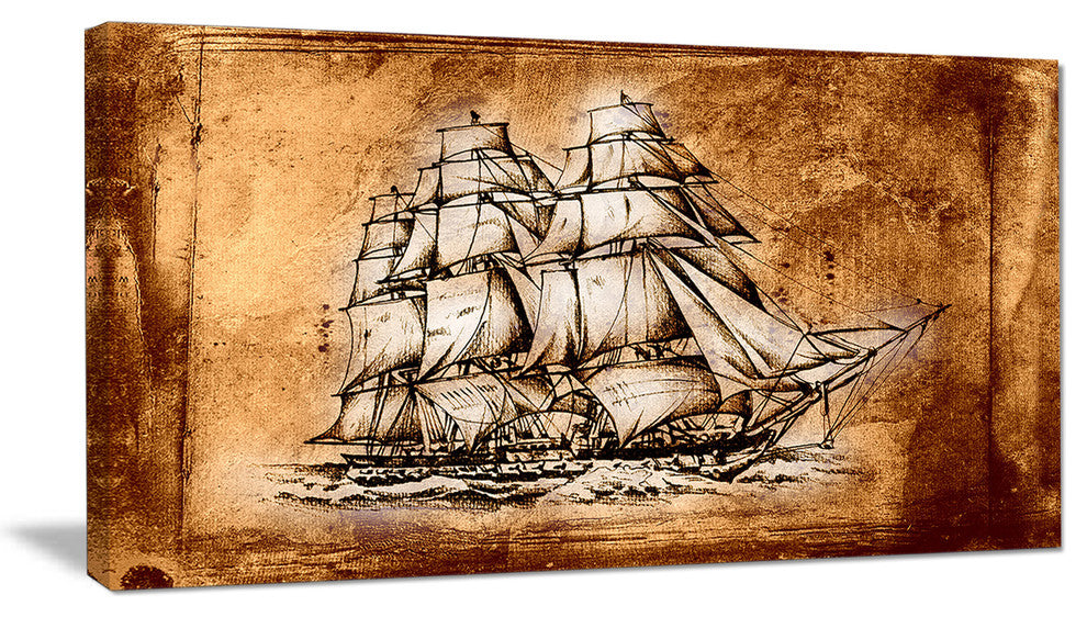 Ancient Sailboat Drawing, Seashore Wall Art on Canvas, 32"x16"