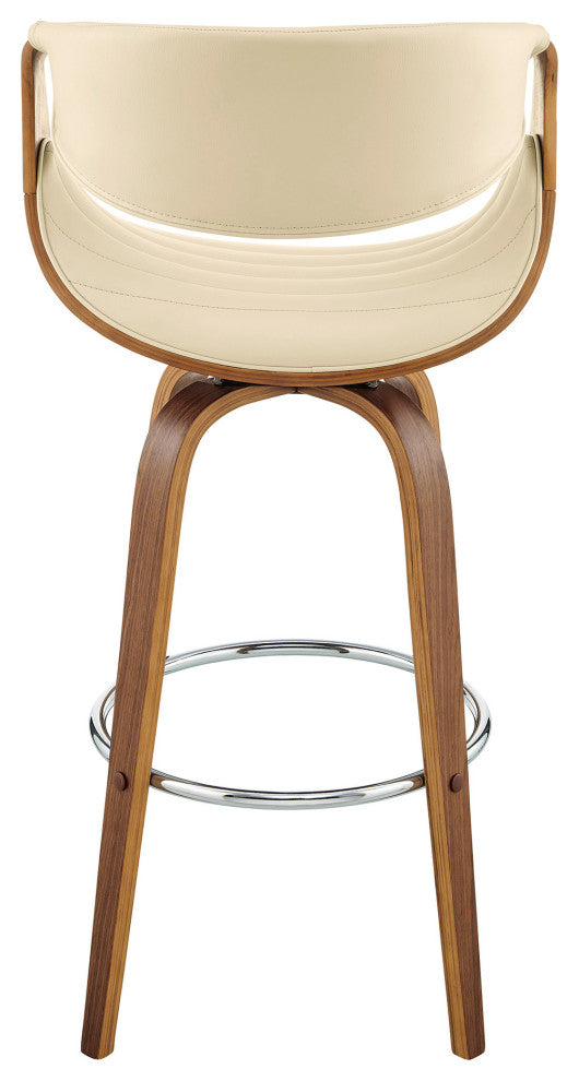 26" Cream Faux Leather and Walnut Wood Retro Chic Swivel Counter Stool