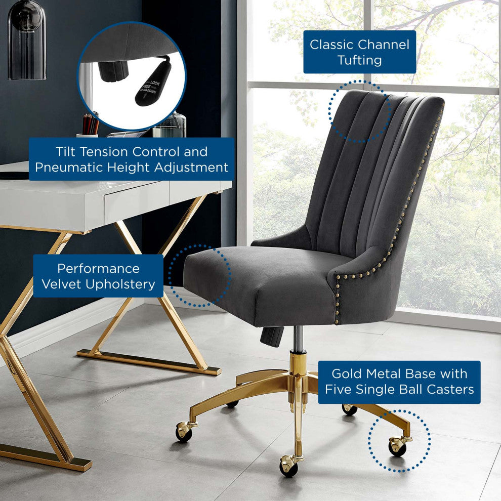 Computer Work Desk Tufted Chair, Velvet, Gold Gray, Home Business Office