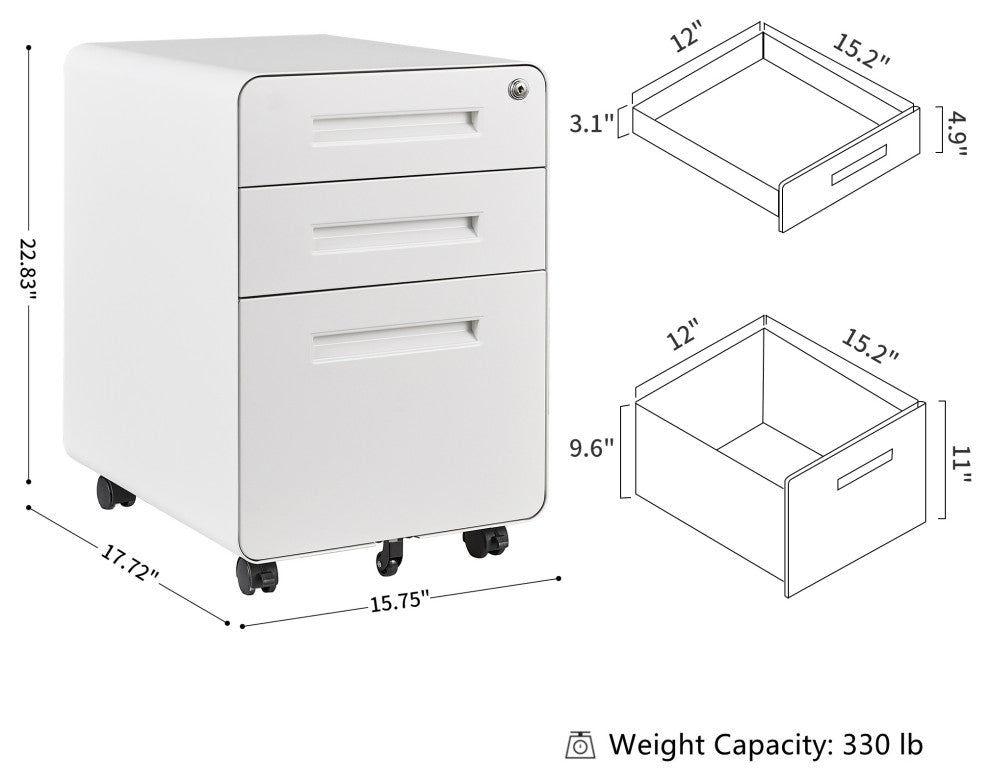 Under Desk File Cabinet, 3 Drawer Mobile Filing Cabinet, Lock, White