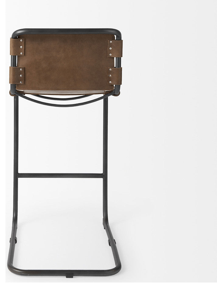 Light Brown Leather Iron Framed Bar Stool