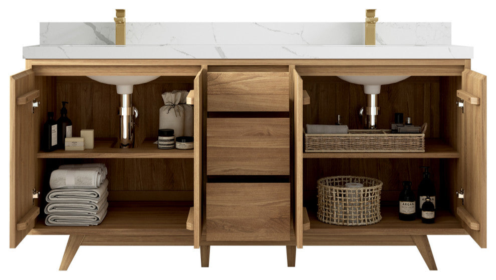 Madison Teak 72 Double Sink Bath Vanity in Light Natural 2" Calacatta Laza