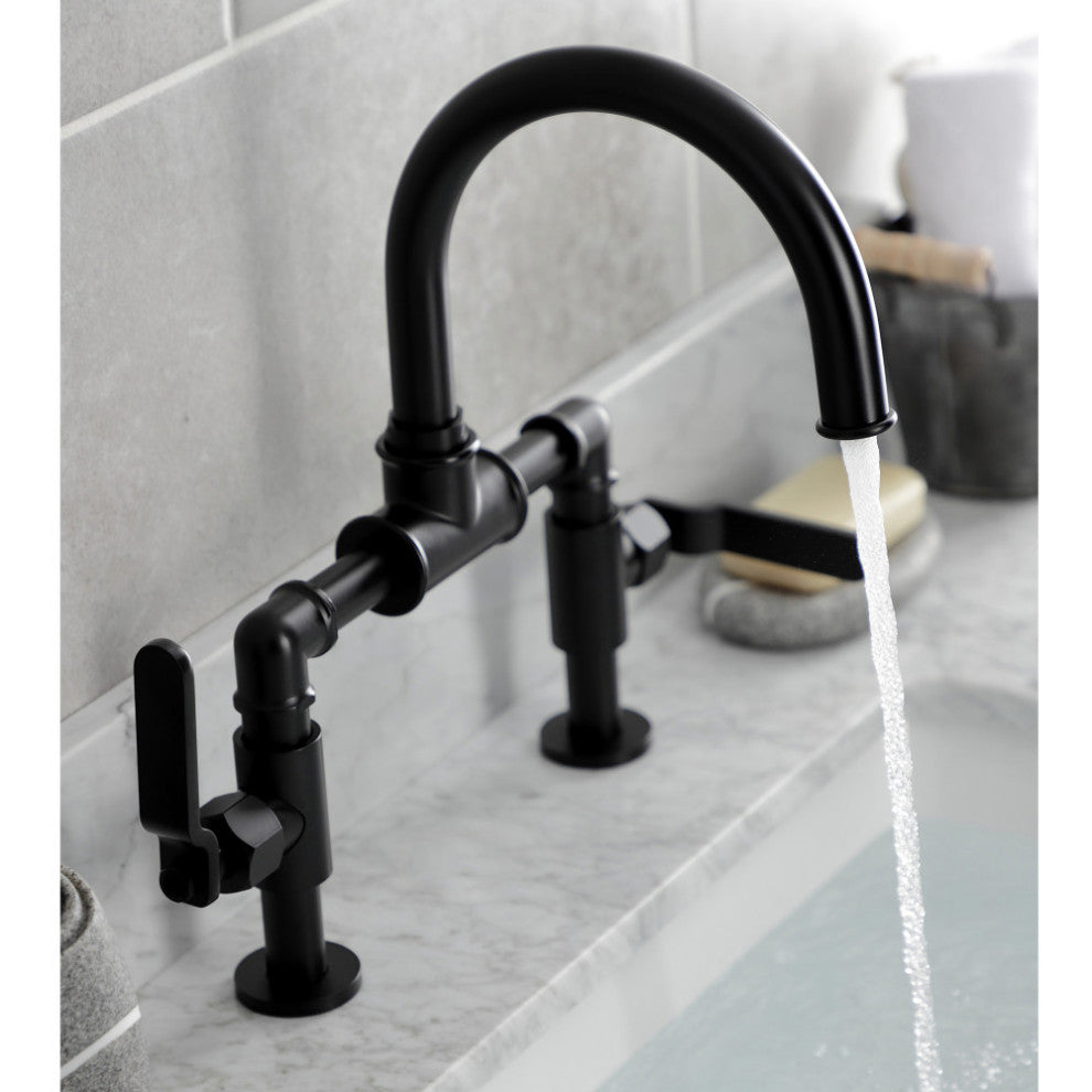 KS2170KL Industrial Style Bridge Bathroom Faucet With Pop-Up Drain, Matte Black