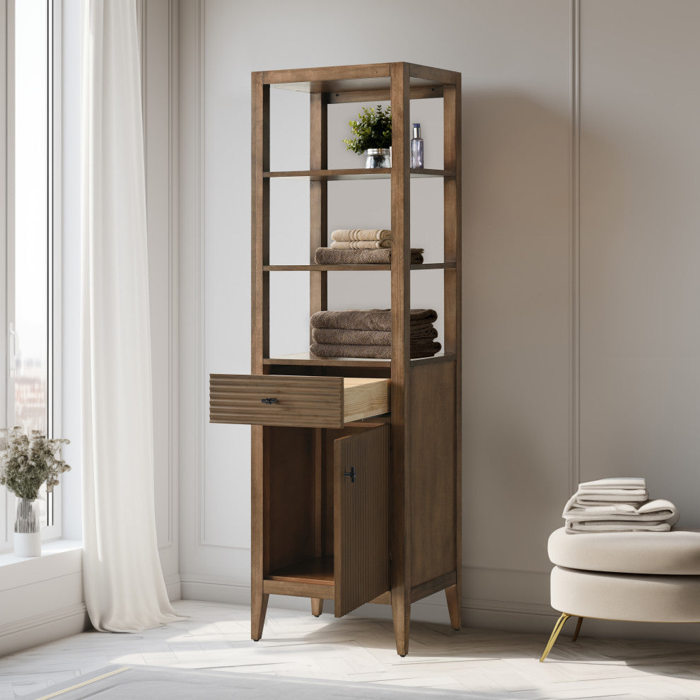 Vanity Art 21" Freestanding Linen Cabinet, Linear Walnut, Matte Black Handle