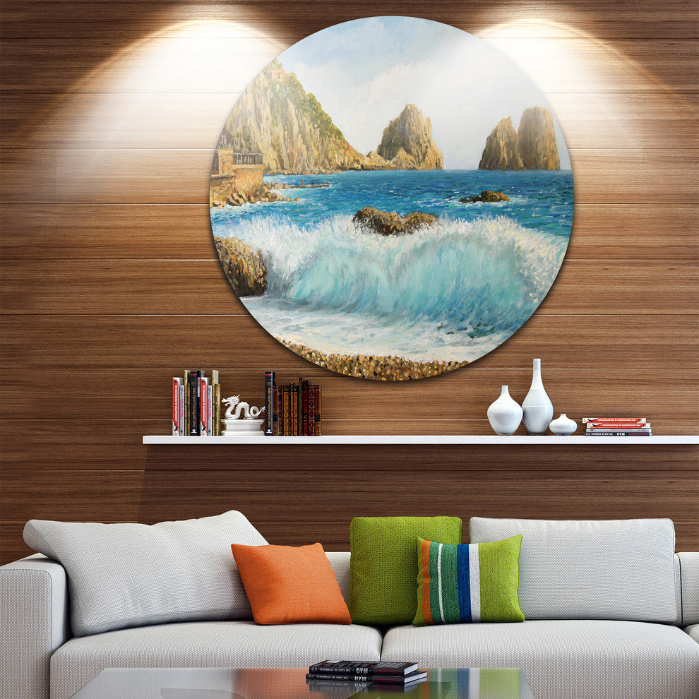 Faraglioni On Island Capri, Seascape Painting Disc Metal Wall Art, 36"