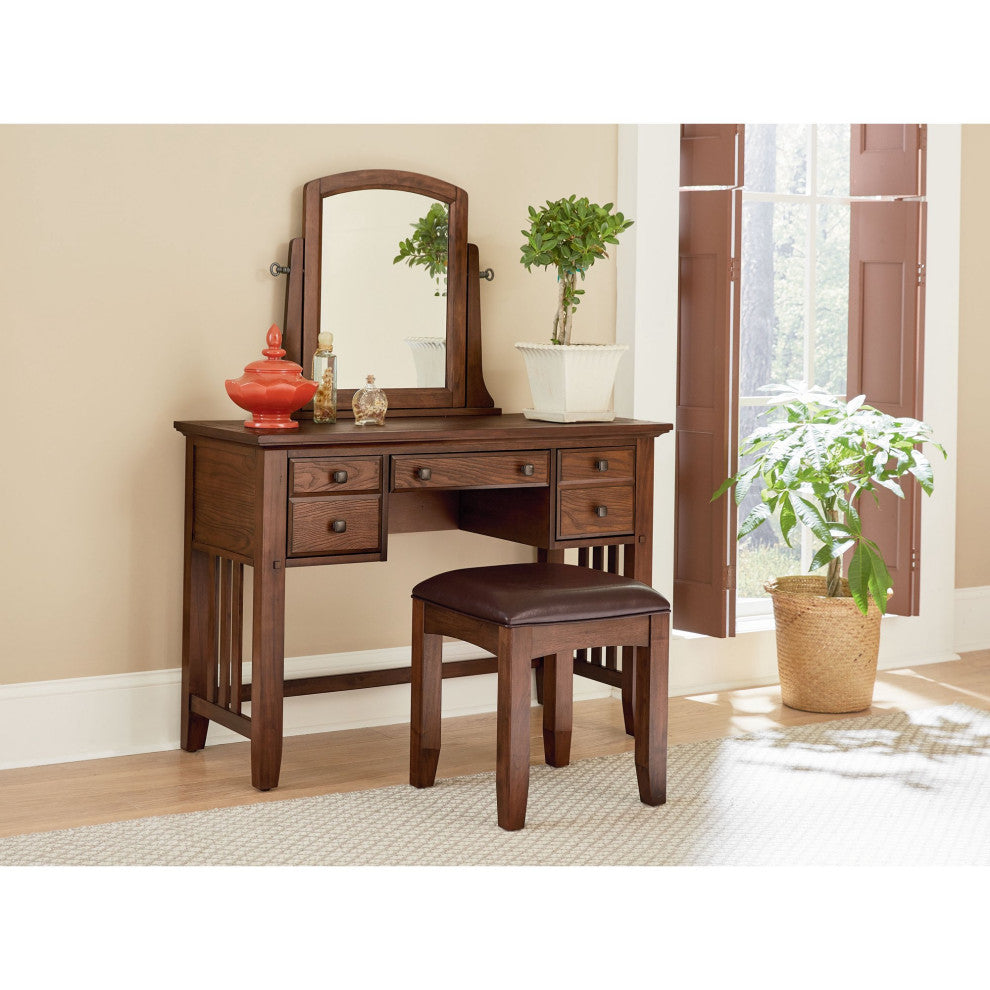 Traditional Vanity Set, 360 Swiveling Beveled Mirror & 3 Storage Drawers, Oak