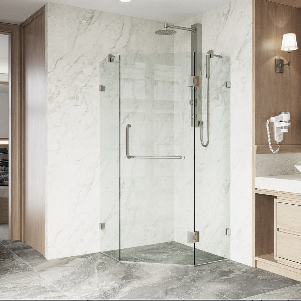 VIGO Piedmont Frameless Hinged Neo-Angle Shower Enclosure, Brushed Nickel, 36" D X 36" W, Without Base