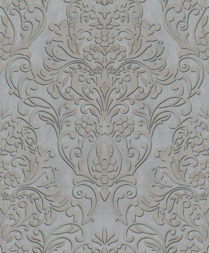 Damask Textured Wallpaper, Ornamental, 32605, Gray Silver Gold, 1 Roll