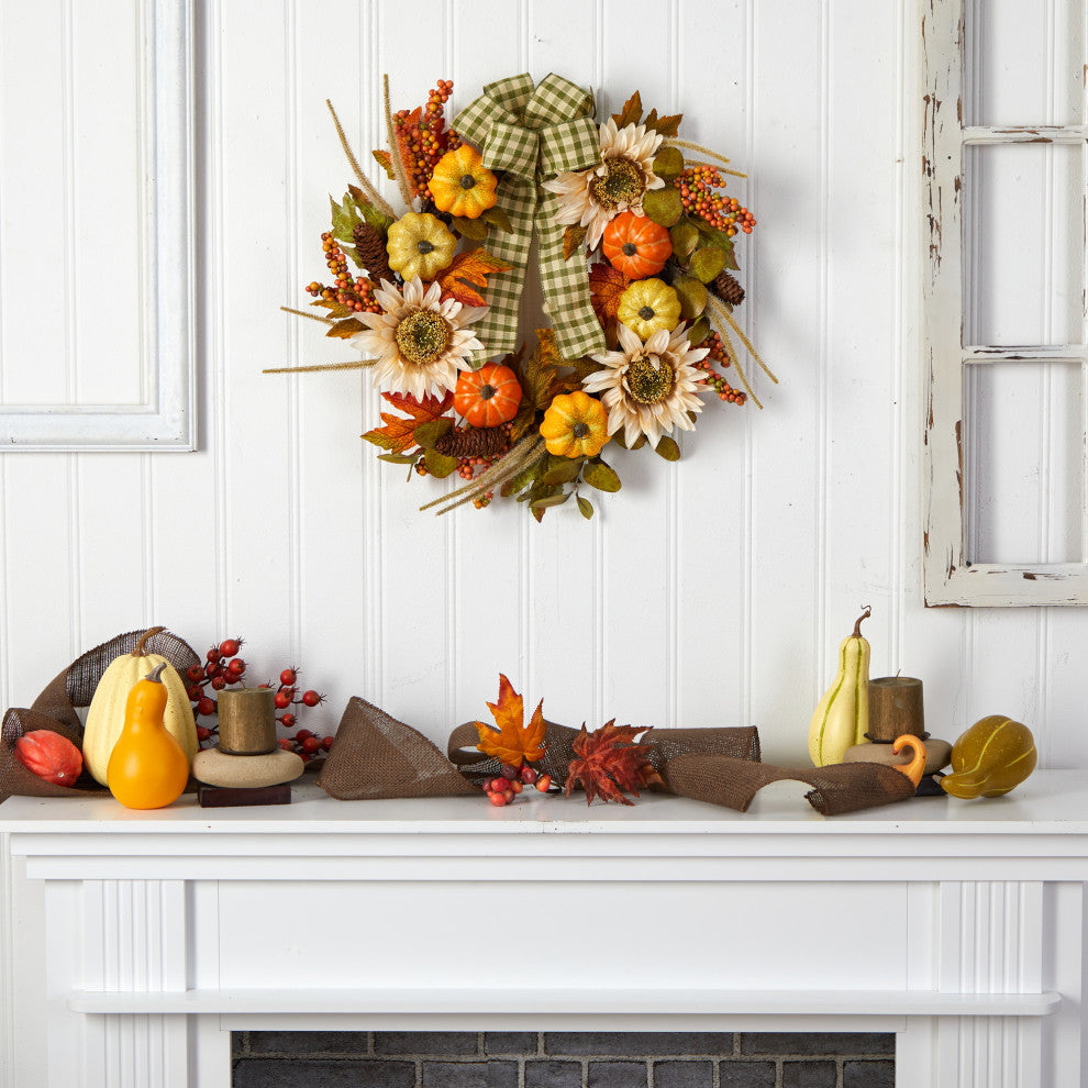 24" Fall Pumpkin, Sunflower Artificial Autumn Wreath With Decorative Ribbon