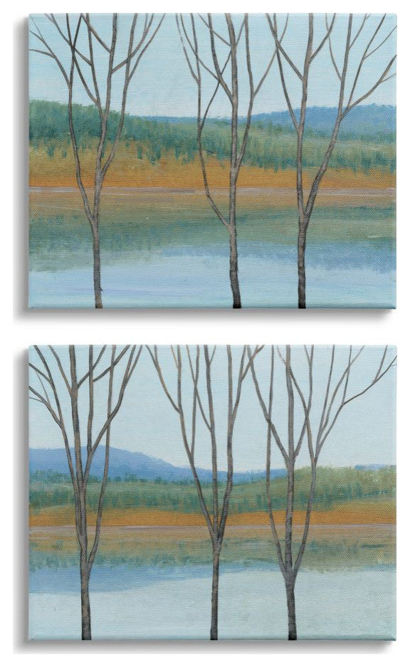 Lakeside Landscape With Bare Trees Nature Painting2-Piece, 24x30