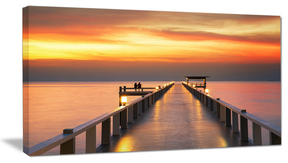 "Yellowish Sky and Long Wooden Bridge" Sea Pier and Bridge Wall Art, 40"x20"