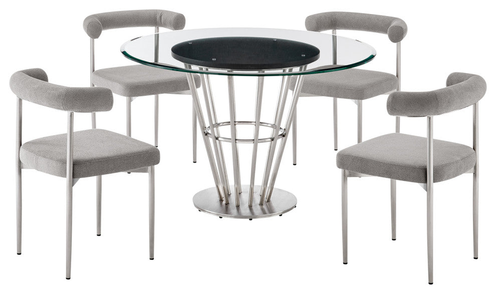Veronica Shannon Round Dining Table 5-Piece Set, Brushed Steel, Gray Fabric