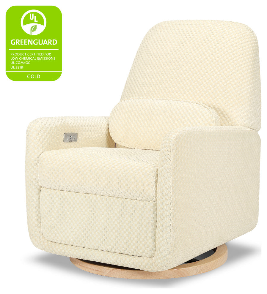 Arc Electronic Recliner/Swivel Glider, Velvet Checker, USB Port, Ivory Velvet Checker With Light Wood Base