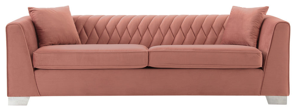 Cambridge Contemporary Sofa, Brushed Stainless Steel and Blush Velvet