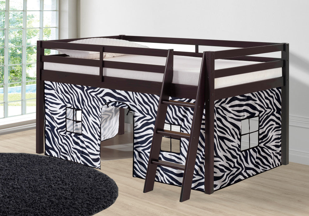 Roxy Junior Loft Espresso Twin Bed With Zebra Playhouse Tent