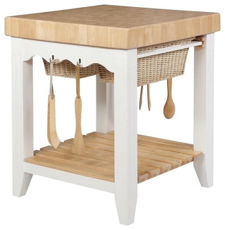 Linon Kolton Butcher Block Kitchen Island with 2 Baskets in White/Natural Wood
