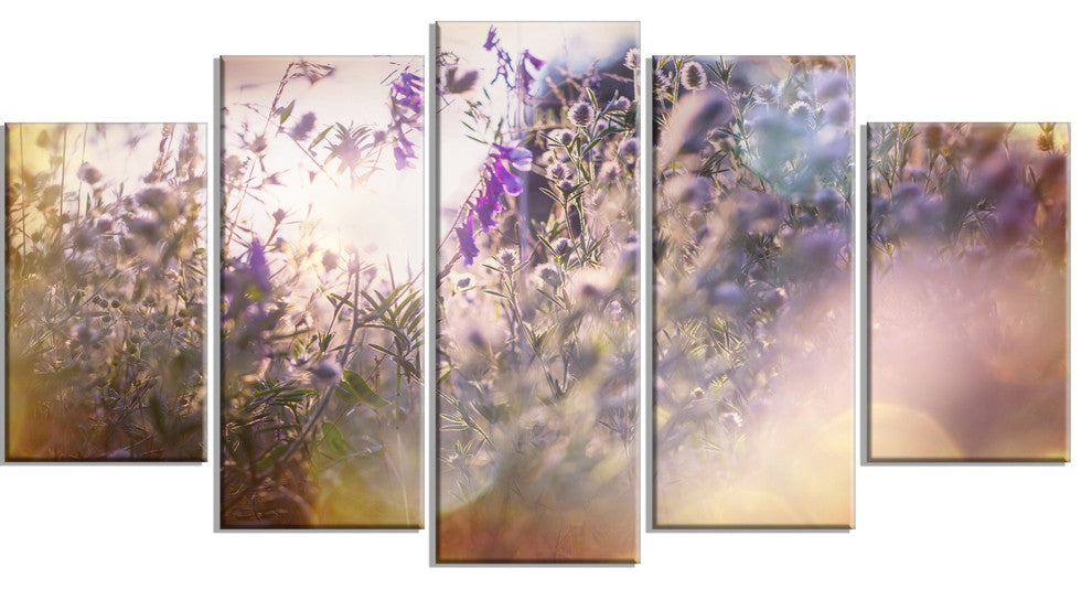 Summer Pasture with Purple Flowers, Landscape Canvas Art, 60"x32", 5 Panels