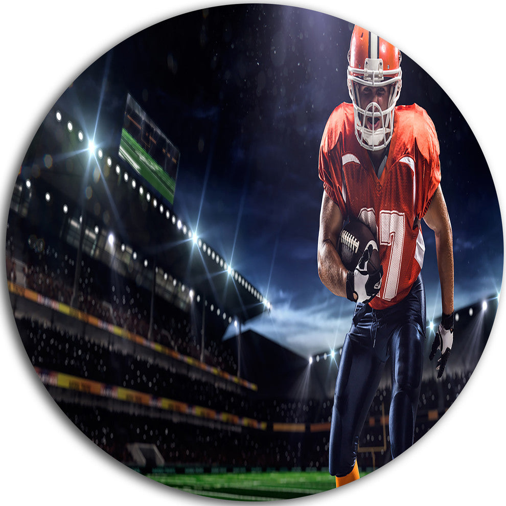 American Footballer In Action On Stadium, Sports Disc Metal Art, 23"
