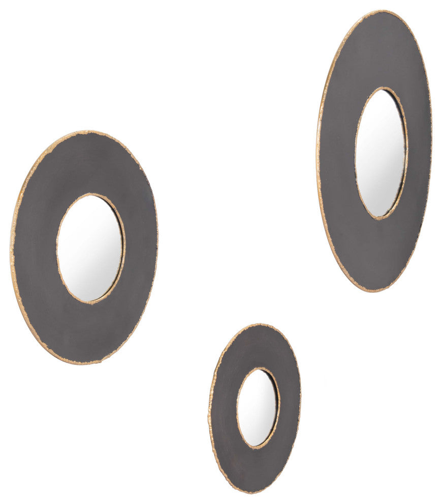 Set of 3 Matte Black and Antiqued Gold Round Mirrors