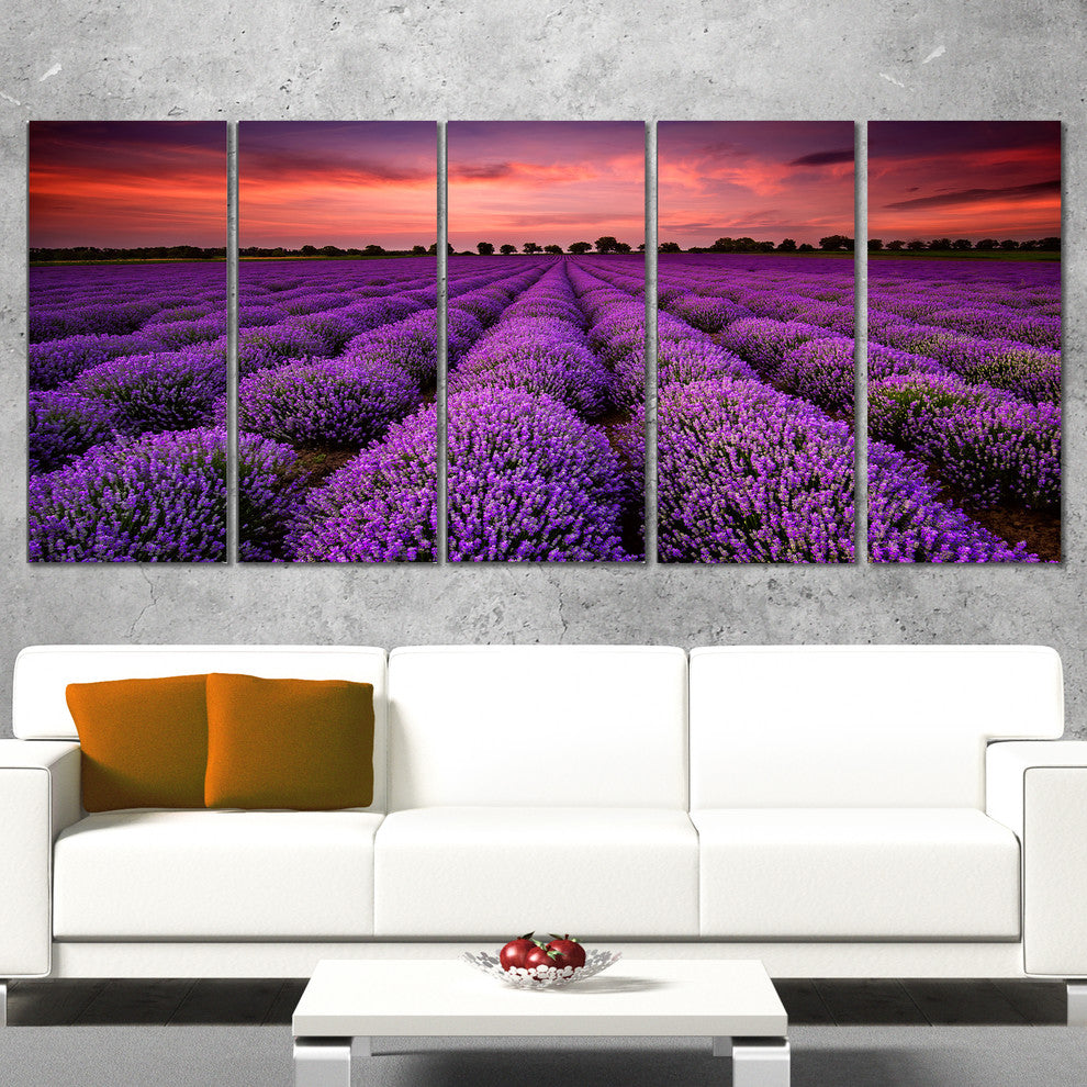 "Red Sunset Over Lavender Field" Wall Art Landscape, 5 Panels, 60"x28"
