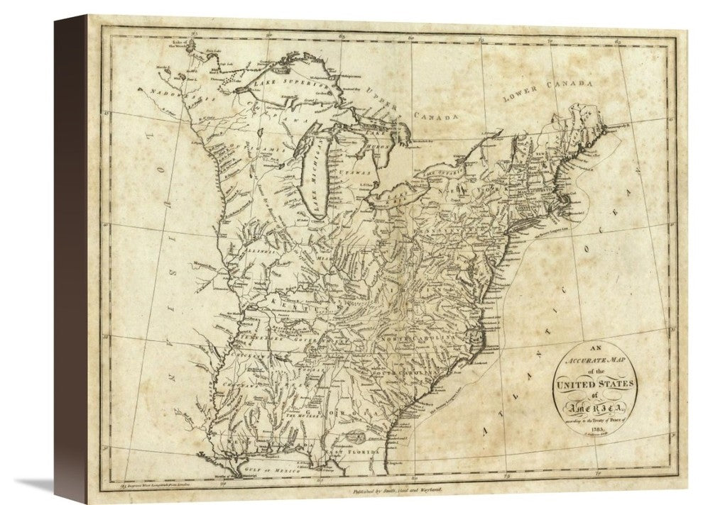 "Map of the United States of America, 1796" Canvas Giclee by John Reid, 16"x13"