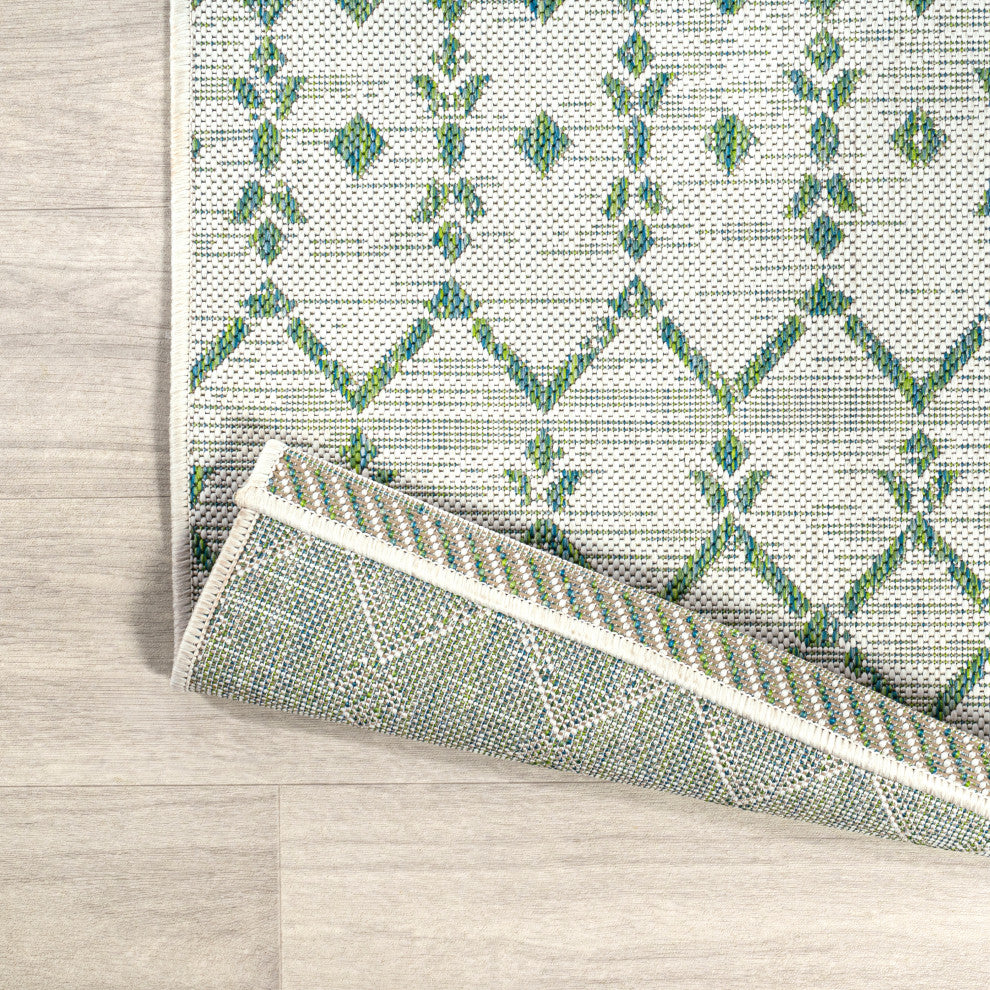 Ourika Moroccan Geometric Indoor/Outdoor Rug, Green/Ivory, 5' Square