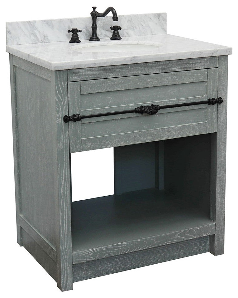 30" Single Vanity, Gray Ash, White Carrara Top, Oval Sink