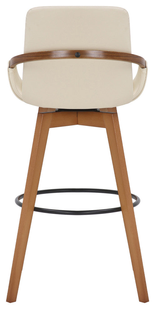 30" Luxurious Cream Faux Leather and Walnut Swivel Bar Stool