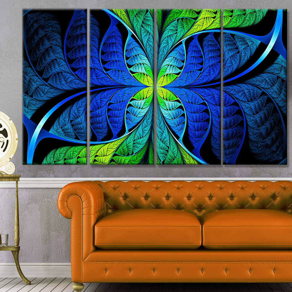 Blue Green Fractal Stained Glass, Abstract Canvas Art Print, 48"x28", 4 Panels