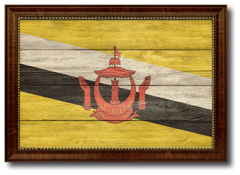 Brunei Darussalam Country Textured Flag Print With Brown Gold Frame, 15"X21"
