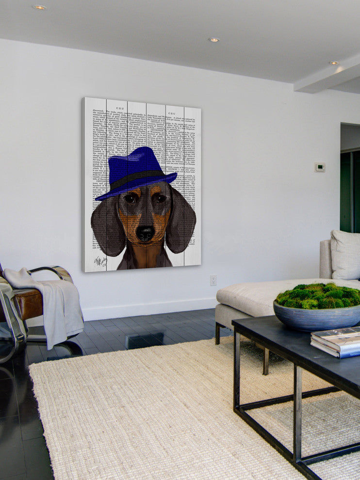 "Dachshund with Blue Trilby" Painting Print on White Wood, 24"x36"