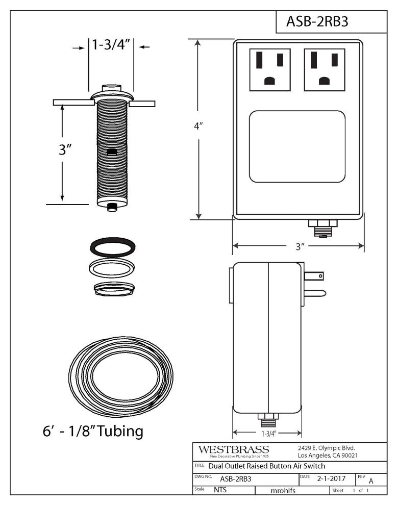 Raised Button Disposal Air Switch and Dual Outlet Control Box, Stainless Steel