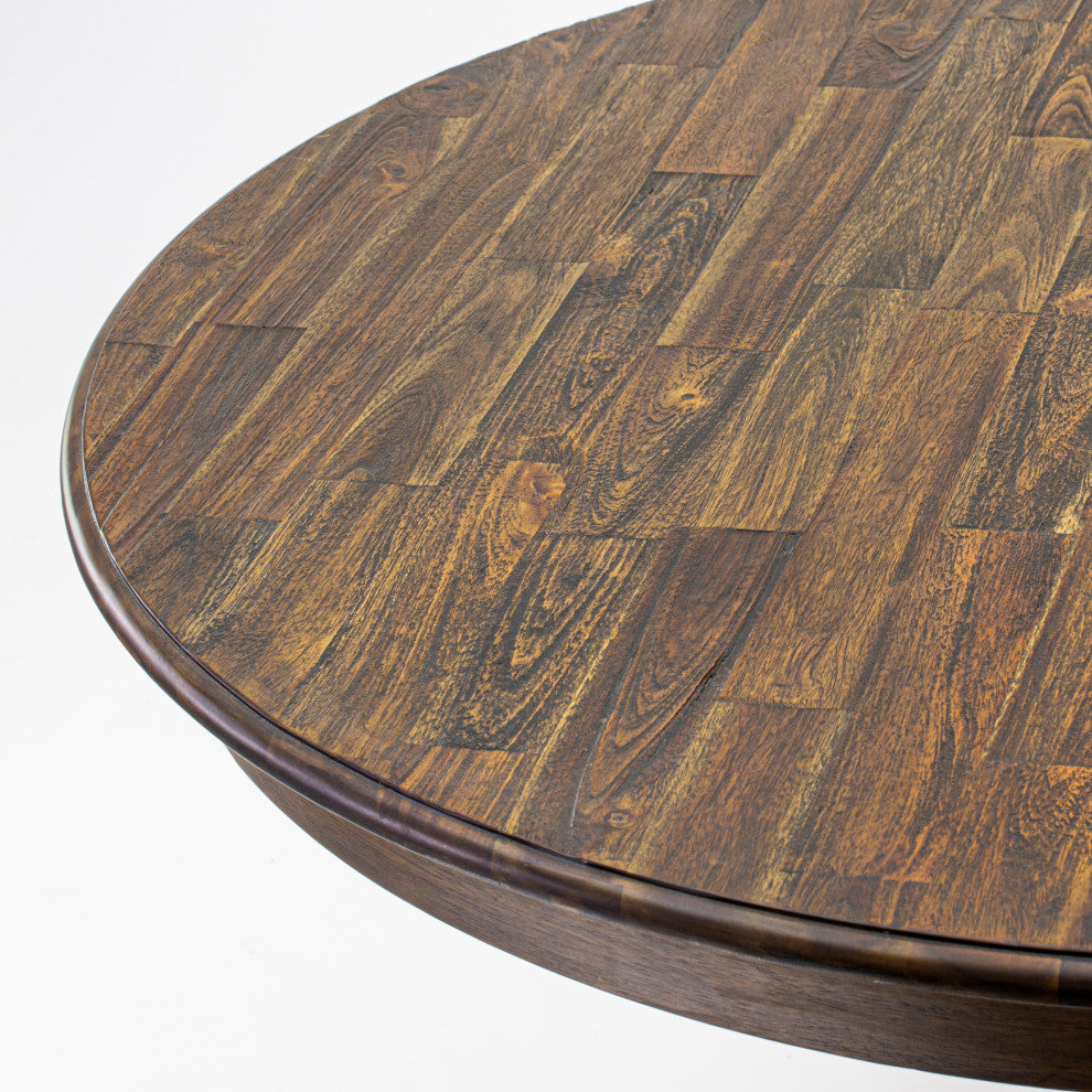 Round Dining Table, Rustic Rubberwood Table, Distressed Jacobean Finish, 48"