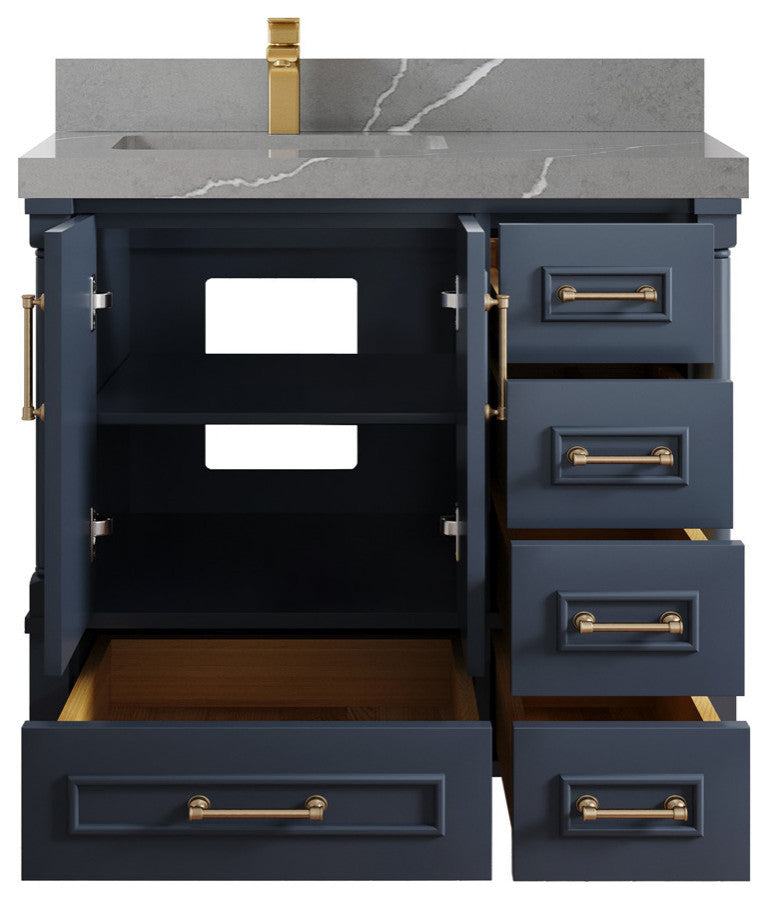 Aberdeen 36 Left Offset Bath Vanity in Hale Navy Blue  2" Piatra Gray