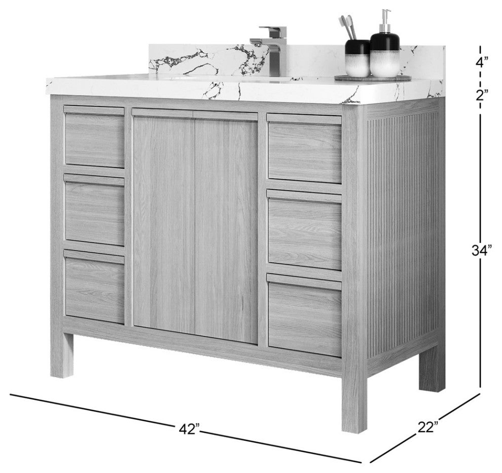 Elizabeth Oak 42" Single Sink Vanity, White 2" Calacatta Black