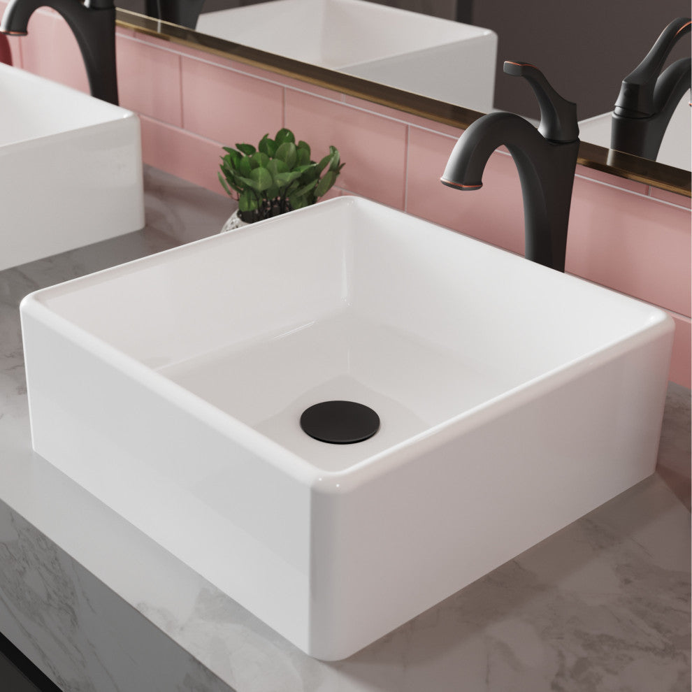 Elavo Square Ceramic Vessel Sink, Bathroom Arlo Faucet, Drain, Oil Rubbed Bronze