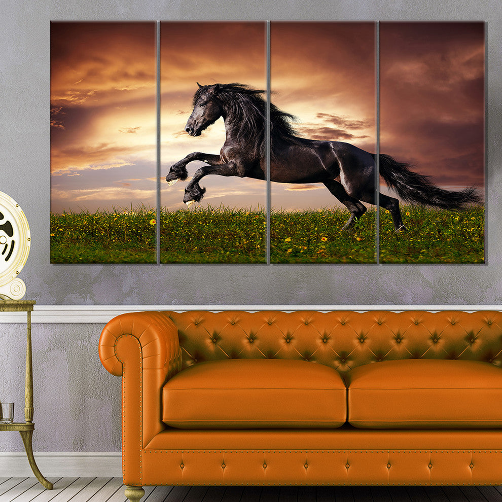 Black Friesian Horse Gallop, Abstract Canvas Art Print, 48"x28", 4 Panels