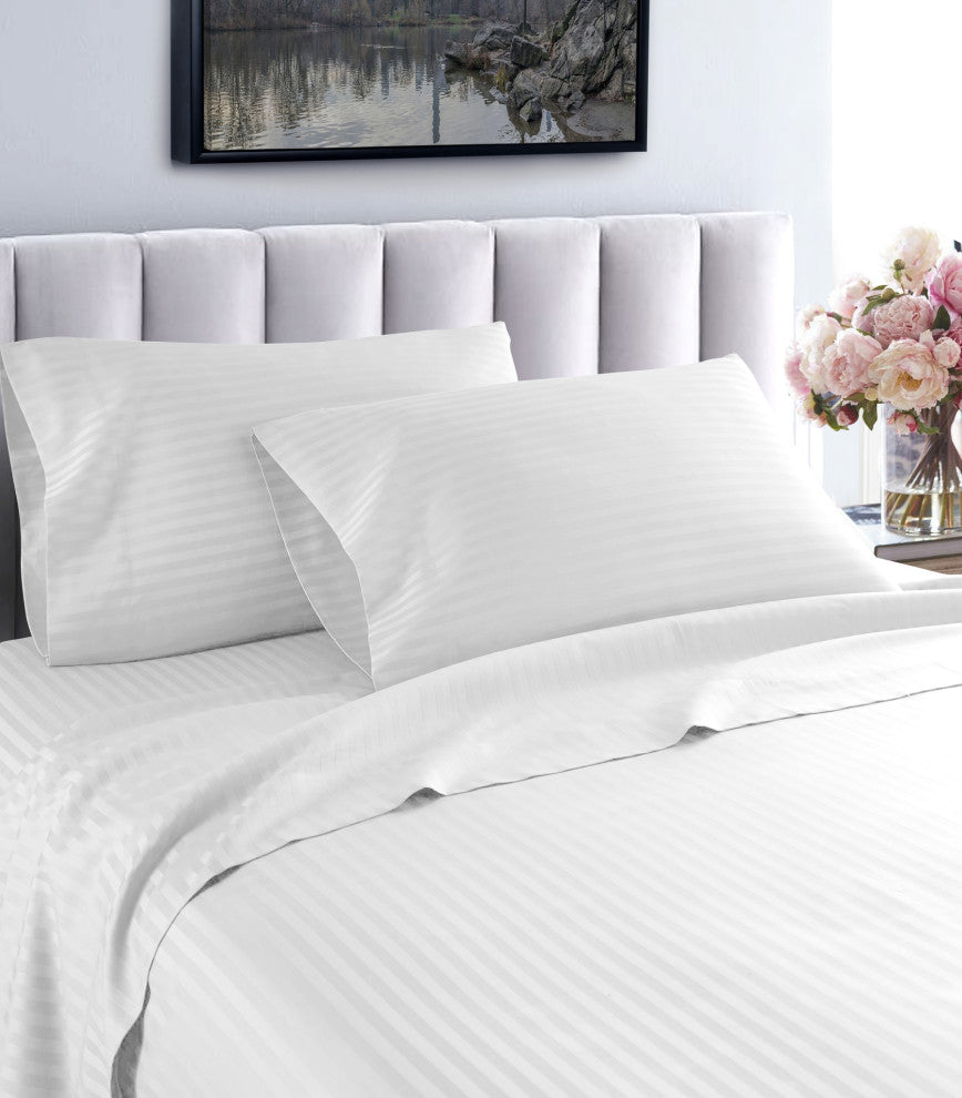 600 Thread Count 100% Cotton Stripe Sheet Set, White, Queen